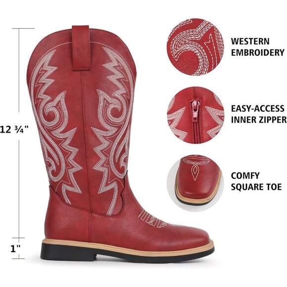 🆕Women's Red Embroidered Square Toe Side Zipper Western Mid Calf Dress Boots - Picture 4 of 6